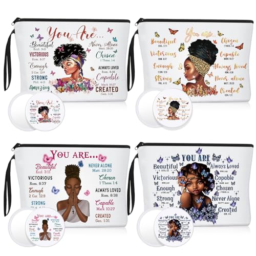 Roowest 40 Pcs Black Women Gifts Bulk Makeup Bag with Inspirational Compact Mirrors, Funny Small Travel Cosmetic Gifts for Womens Day Black Women