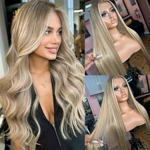 Highlight Lace Front Wig Human Hair 180% Density 13x4 HD Lace Frontal Wigs Pre Plucked with Baby Hair 24 Inch Colored Ash Brown to Beige Blonde to Platinum Blonde Brazilian Human Hair Glueless Wigs