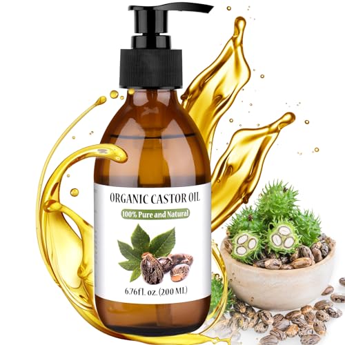 KSSZZCO 6.76 fl oz Organic Castor Oil Cold Pressed (Glass Bottle), 100% Pure and Natural and Hexane Free Castor Oil for Hair & Skin, Eyelashes, Eyebrows, Joint