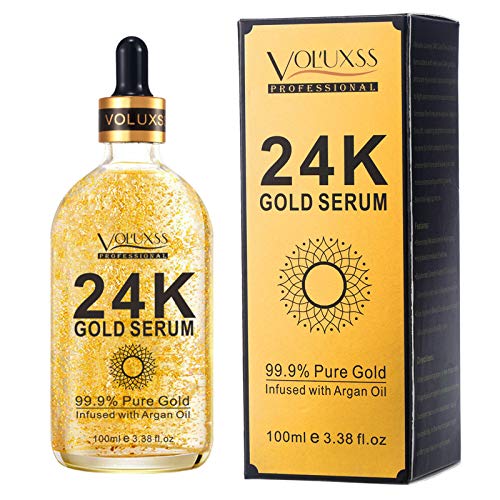 Voluxss 24K Gold Serum for Face, Skin Brightening Anti Aging Moisturizer with Vitamin C, Hyaluronic Acid & Argan Oil for Dark Spots & Fine Lines, Korean Skin Care Glow Collagen Booster Serum 3.38fl.oz