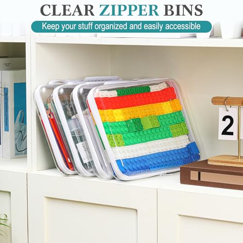 Sanwuta 4 Pcs Clear Hard Zipper Case with Handle Office Storage Cases Hard Plastic Pouches Transparent Bins for Crafts, Snacks, Cosmetics, Puzzles(12.6 x 9 x 2 Inches,White)