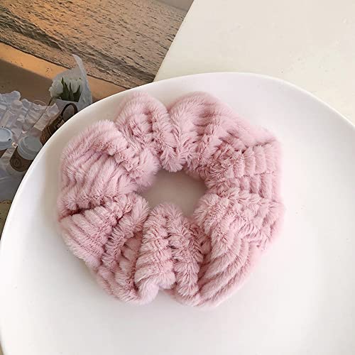 Large Furry Faux Rabbit Fur Hair Scrunchies for Women Fuzzy Fur Hair Ties Artificial Fur Hair Bobbles Towel Scrunchies for Hair Drying Microfiber Plaid Hair Scrunchies for Wet and Dry (5 Pcs A)