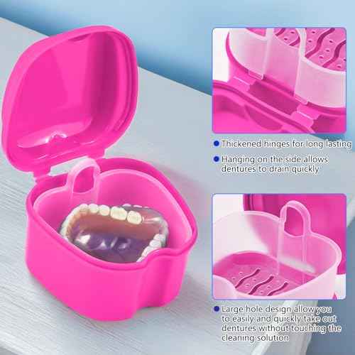 2 Pack Colors Denture Bath Case Cup Retainer Cleaner Holder Case False Teeth Soaking Container Dental Bath Storage Box Case with Strainer Basket and Brush - Rose Red & Black