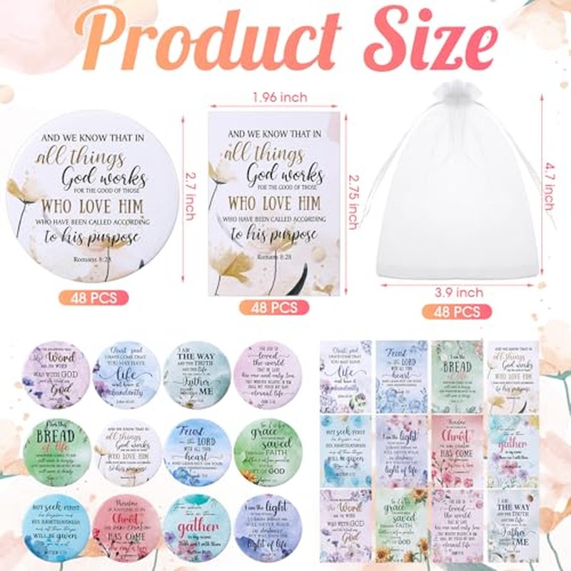 48 Sets Christian Gifts for Women Bible Verse Compact Mirror with Card Bag Inspirational Pocket Makeup Mirror Gifts for Mother Church Group Sunday School(Flower Color)