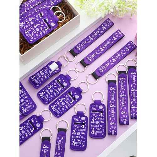 24 Pcs Cheerleader Gifts Bulk Cheer Lipstick Holder Keychain Lanyard Set Cheerleader Party Favor Cheer Theme Portable Lipstick Holder and Lanyard for Team Sports Supplies(Purple)