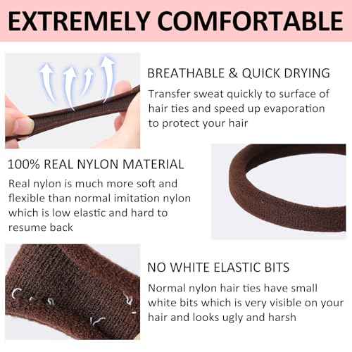 120Pcs Large Brown Nylon Hair Ties for Thick Curly Hair No Damage, Big Soft Cloth Hair Elastic Bands & Seamless Stretchy Fabric Ponytail Holders for Women Girls, Perfect for Updos & Braids