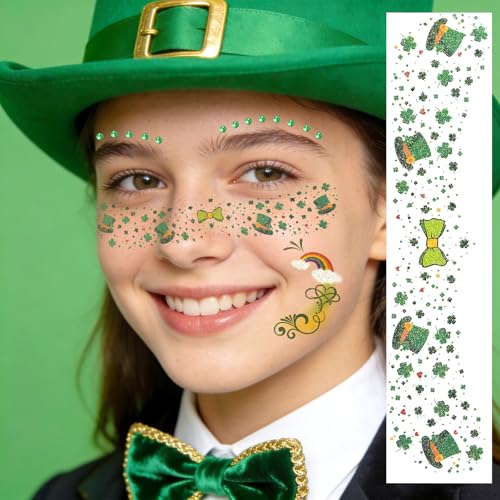 Green Leaves Freckles Temporary Glitter Tattoos for Women St Patrick's Day Glitter Shamrock Face Tattoo Stickers, Saint Patrick's Day Makeup St Patrick Day Accessories