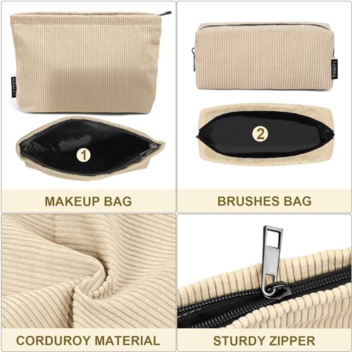 MAGEFY Corduroy Makeup Bag Set - 2 Pcs Travel Pouch Beige