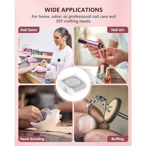 Upgraded Nail Dust Collector with Hand Rest, 10 Speeds, Reusable Filter, Quiet & Rechargeable, Professional Nail Fan Dust Tech Machine for Acrylic Gel Nails Polishing, Salon & Home, White