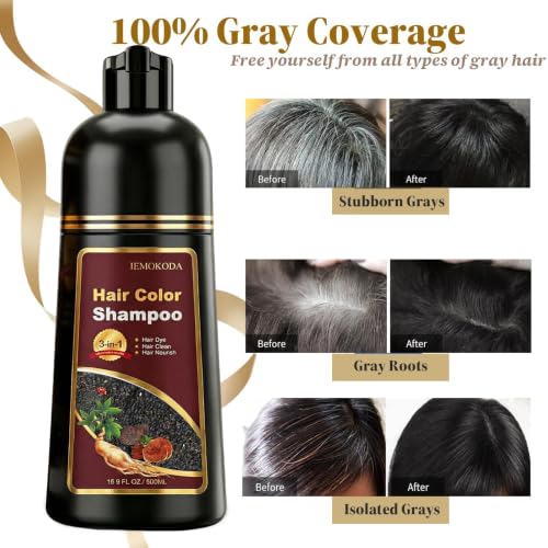 Natural Black Hair Dye Shampoo for Gray Hair - 3 in 1, 16.9 Fl Oz