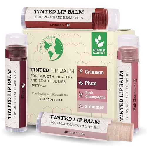 Tinted Lip Balm by Earth’s Daughter – 4 Pack of Assorted Colors – Beeswax, Coconut Oil, Cocoa Butter, Vitamin E – Moisturize and Beautify – Paraben Free