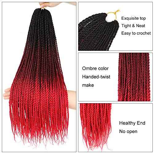 6Pack Senegalese Twist Crochet Hair 3 Tone Ombre Red Box Braids Synthetic Hair Extensions 30Roots/Pack Small Havana Twist Crochet Hair 24inch(1B/Dark Red/Red, 600g/Lot)