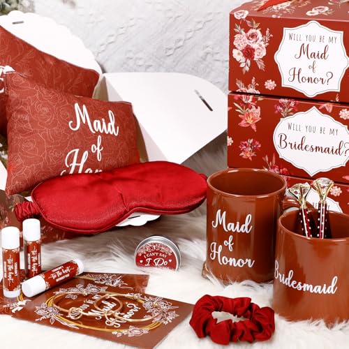 60 Pcs Bridesmaid Proposal Gift Set of 10 - Maid & Matron of Honor Box with Mug Makeup Bag Candle Lip Balm Hair Scrunchie Diamond Pens Bracelet Eye Mask Invitation Cards(Terracotta)