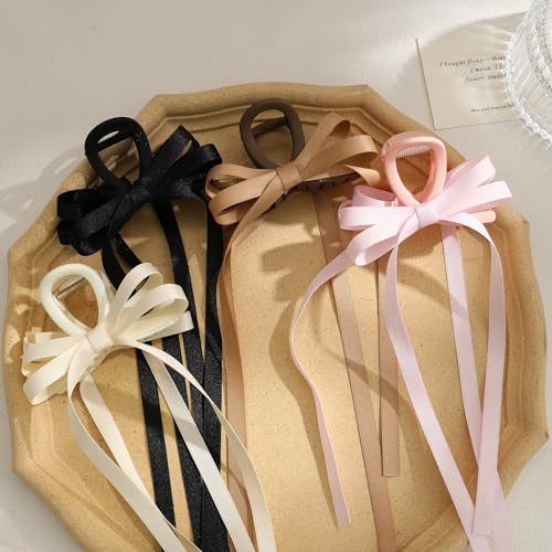 Kasmena 4 Pack Hair Accessories: Big Bow Claw Clips with Long Tassels, Medium Hair Clips with Ribbons, and Bow-knot Clips for Thin or Thick Curly Hair