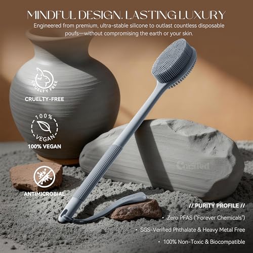 CORATED Silicone Back Scrubber for Shower with Handle - 2-in-1 Body Brush, French Clay Variant
