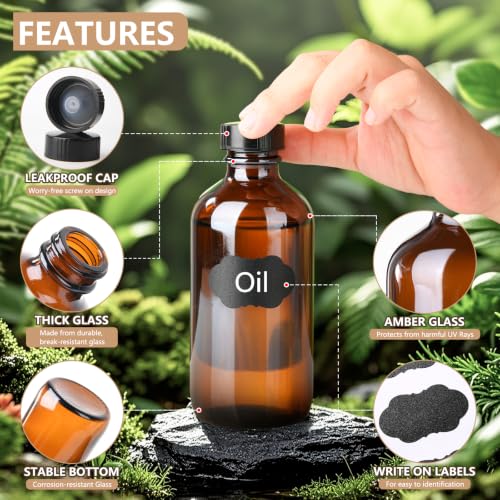 24 Pack 4 oz Amber Boston Glass Bottles with Black Caps for Homemade Extracts