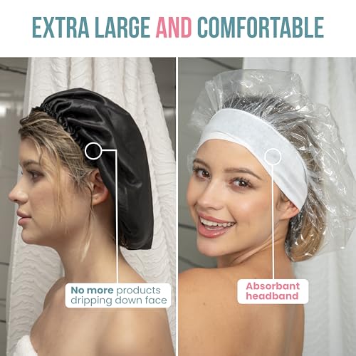 Reusable Leak-Proof Extra-Large Shower Caps for women & Processing Clear Plastic Caps (10 Pack) ? Wide Comfort Band & Durable Hair Protection