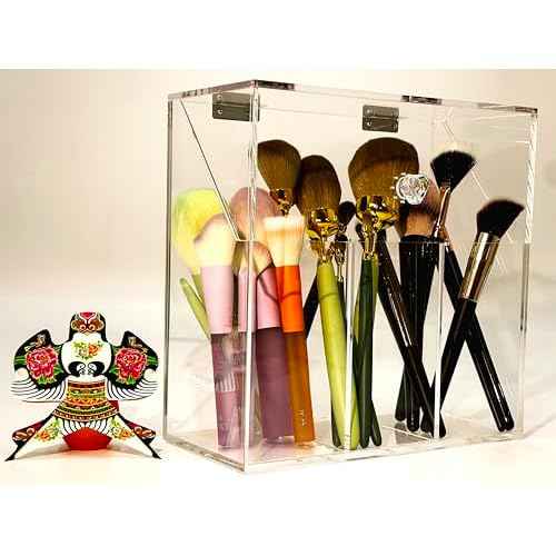 Acrylic Makeup Organizer,Clear Cosmetic Brush Storage Box With 3 Brush Holders,Makeup Brush Holderwith Dust Cover, Large-capacity Split Design Can Quickly Organize the Desktop£¨No pearls£©