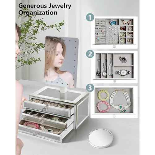 Star Vision 2-in-1 Lighted Makeup Mirror with Glass Jewelry Organizer, Dimmable 6,000K Cool White Light, 3-Layer Drawers, Luxury Crystal Diamond Effect Surface, Includes a 10X Magnification Mirror