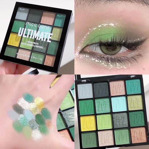 16 Colors Green Eyeshadow Palette – Waterproof Matte & Metallic