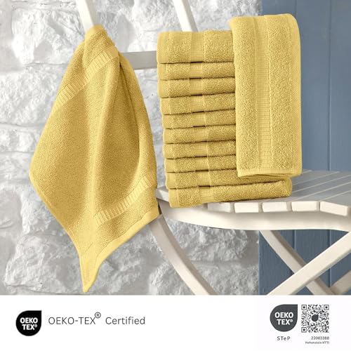 SALBAKOS 100% Turkish Cotton Washcloth Set of 12 13x13 inch | Heirloom Quality | Hotel & Spa Collection | Ultra Soft, Super Absorbent, Washcloth Towels | Made in Turkey (Yellow, 12 Washcloths)