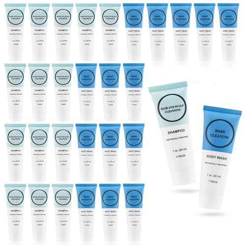 Travel Size Shampoo and Body Wash Bulk, Individually Wrapped Hotel Mini Shower Gel and Small Men Women Cleansing Toiletries Amenities for Hotel/Vacation/Homeless 1 oz (3.7inch, Count, 20)