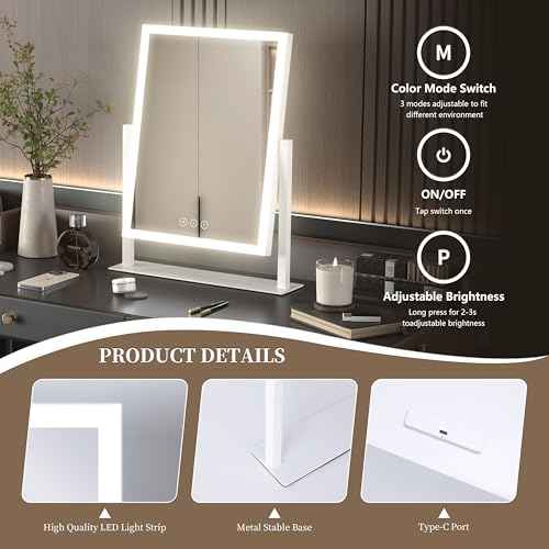16.9"x 14"Lighted Makeup Mirror,Vanity Mirror with Lights,Three Color Lighting Modes, and 10X Magnification Mirror, Smart Touch Control, 360¡ÆRotation White