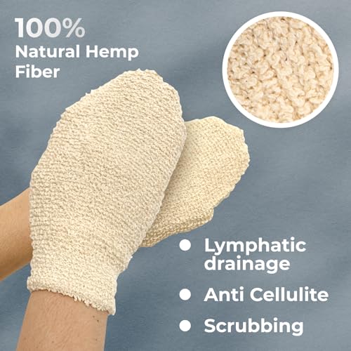 Hemp Bath Mitts for Exfoliation - Natural Shower Gloves for Men & Women (Set of 2)