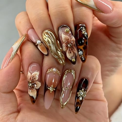 Fall 3D Floral Press On Nails Medium Almond - 24pc