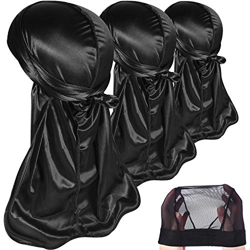 3-Pack Silky Durags for Men with Long Tails & Wave Cap