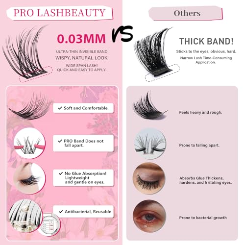 PROLASHBEAUTY Natural Lash Clusters Wispy Lashes Invisible Band Eyelash Clusters CC Curl Individual Lashes Natural Look Lashes Clusters with Super Thin Band Reusable Soft & Comfortable (Nira,8-16mix)
