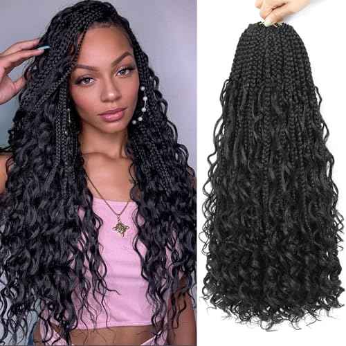 9 Packs Boho Goddess Box Braids Crochet Hair Bohemian Box with Curly Ends Pre-Looped Synthetic Hair Extensions for Black Women(24 Inch,1B)