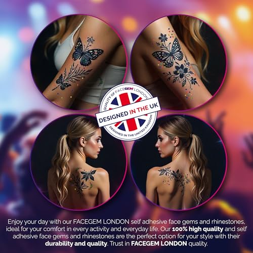 4 Sheet Temporary Tattoos - 4 Sheets Large Butterfly Fake Tattoos with Rhinestones - Temporary Tattoos for Women and Girls ? Waterproof Tattoos for adults, Semi Permanent Transfer Tattoo