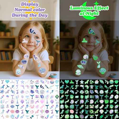 96PCS Mermaid Pre-Cut Temporary Tattoos for Kids - Cute Under the Sea Party Favors, Perfect for Ocean Mermaid-Themed Birthdays, School Rewards, and Baby Showers (Glow in the Dark)