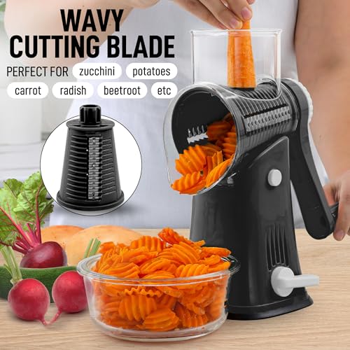 Zulay Rotary Cheese Grater 5 Blade Cheese Shredder - Manual Hand Crank Cheese Grater With Reinforced Suction & 5 Interchangeable Drums - Easy to Use Vegetable Chopper - Brilliant White