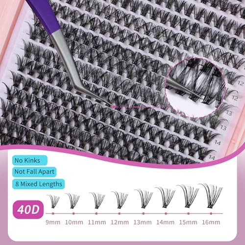 Lash Clusters Wispy 9-16mm 320pcs Volume Lash Extensions D Curvature Individual Lashes DIY Eyelash clusters Lashes fluffy false eyelashes(40D,0.07,9-16mm)