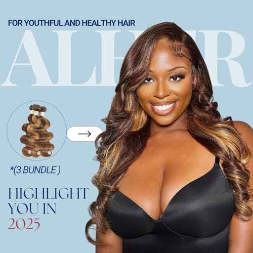 ALHER True 4/27 Body Wave Honey Blonde Highlight Ombre Colored 3 Human Hair Bundles 16 18 20 Inch 12A 100% Brazilian Virgin Remy Human Hair Soft Thick Wavy Sew In Weave Highlight Piano Color
