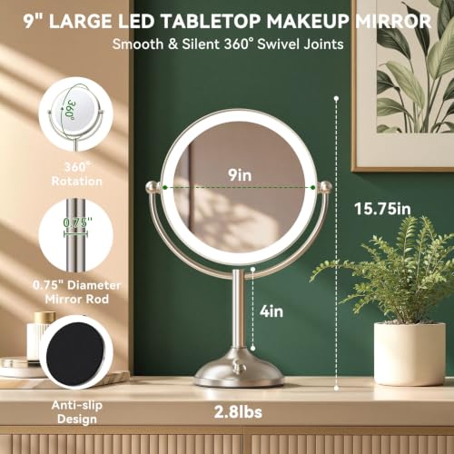 Auxmir 9" Rechargeable Makeup Mirror with 3 Color Dimming Lights