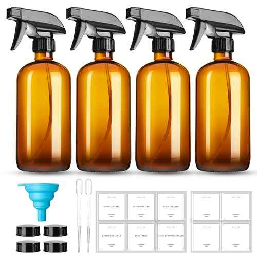 16oz Amber Glass Spray Bottles,4 Pack Glass Spray Bottles Refillable Empty Bottle with Adjustable Nozzle,Spray Bottle for Cleaning,Essential Oils,Cleaning,Pets,Plant, Hair Mister