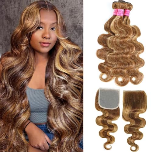 Honey Blonde Highlight Body Wave 4 Bundles with 5x5 Closure