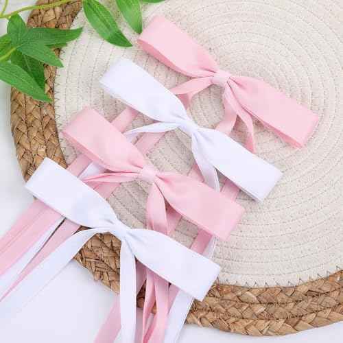 Hair Bows Clips Coquette Ribbon Bowknot with Long Tail Princess Hair Bows French Barrettes Hair Accessories for Women Girls 16PCS (Pink, White)