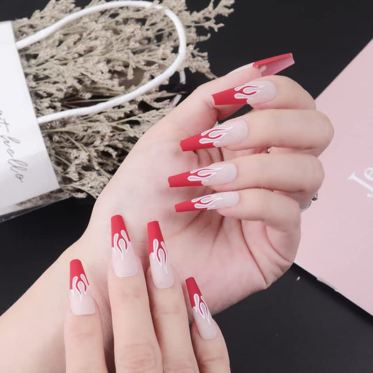 DOUBNINE Press On Nails Long Coffin Red Flame French Tip Matte Acrylic False Nails with Jelly Double Sided Adhesive Luxury Full Cover Stick On Nails for Women