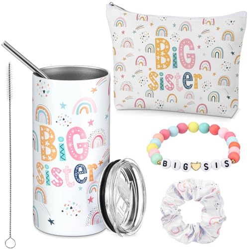 Sieral 4 Pcs Big Sister Gifts for Girls Cute Big Sister Makeup Bag 14oz Stainless Steel Tumbler Scrunchies Bracelet for Little Girls of Age 2-8 New Baby Birthday Baby Shower (Rainbow, Multicolor)