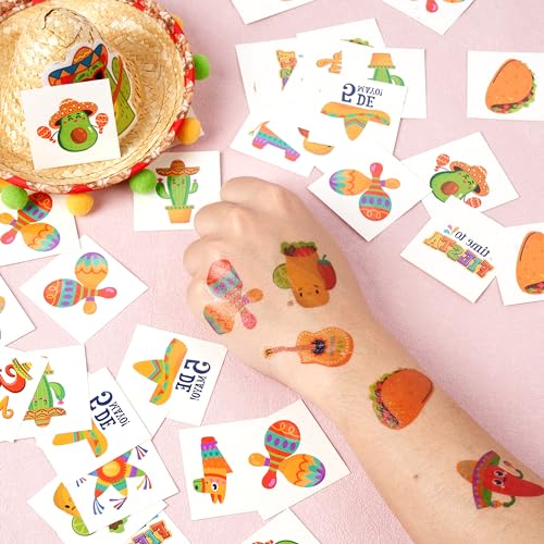 JOYIN 144 PCS Cinco De Mayo Temporary Tattoo Set for Mexican Themed Party, Fiesta Party Fake Tattoos Stickers Sombrero Hats, Taco Design, Face Body Tattoo Decorations