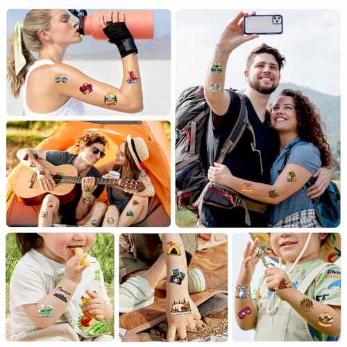 Konsait 96Pcs Camping Temporary Tattoos, Pre-Cut Camping Party Decorations Tattoos Stickers Campings Party Favors, Camp Gifts Camping Fun Stuff Accessories Party Ideas