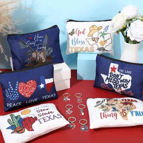 Landical 6 Sets Texas Souvenir Gifts Include 6 Pcs Texas Cosmetic Bag and 6 Pcs Metal Keychain for Women Traveler Christmas Party Gifts