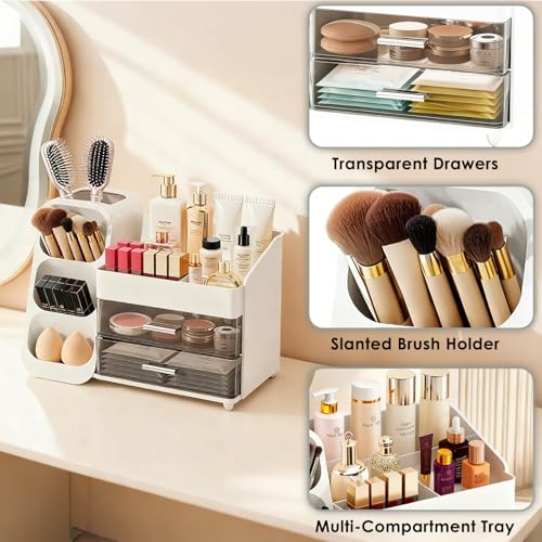 Makeup Organizer with Brush Holder for Vanity, Spacious Cosmetic Display Case with 2 Drawers, The Perfect Bathroom Vanity Organizer for Beauty Essentials, Skincare, Lipsticks