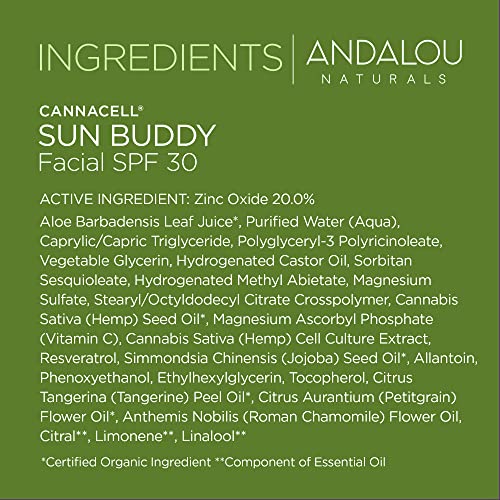 Andalou Naturals Face Sunscreen, CannaCell Sun Buddy SPF 30 with Hemp Stem Cells, Moisturizing Facial Lotion, Broad Spectrum Protection with Non-Nano Zinc Oxide, Reef Safe Sunscreen, 2.7 Fl Oz