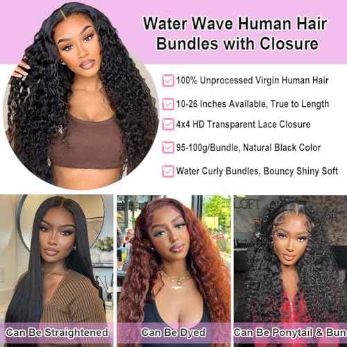 Water Wave Bundles Human Hair (10 12 14 Inch) 100% Unprocessed Brazilian Virgin Human Hair Curly Bundle For Black Women Wet and Wavy Double Weft 3 Bundles Natural Black