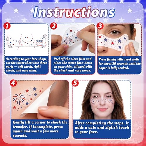 4th of July Face Tattoos - 30 Sheets Patriotic Red White Blue